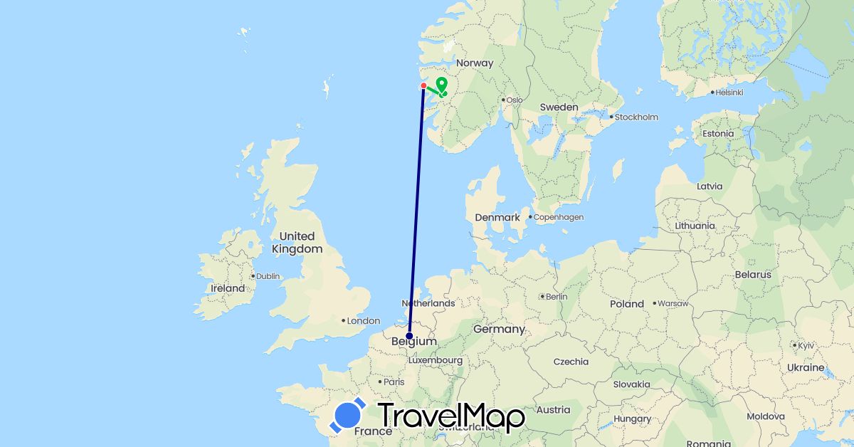 TravelMap itinerary: driving, bus, plane, hiking in Belgium, Norway (Europe)